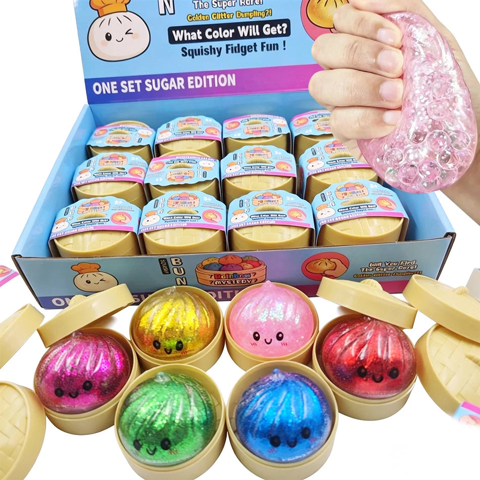 Steamed Bun Squeeze Toy Simulation Bao Stress Relief Fidget Toy with Beads Sparkles Soft Squishy Sensory Decompression Accessory
