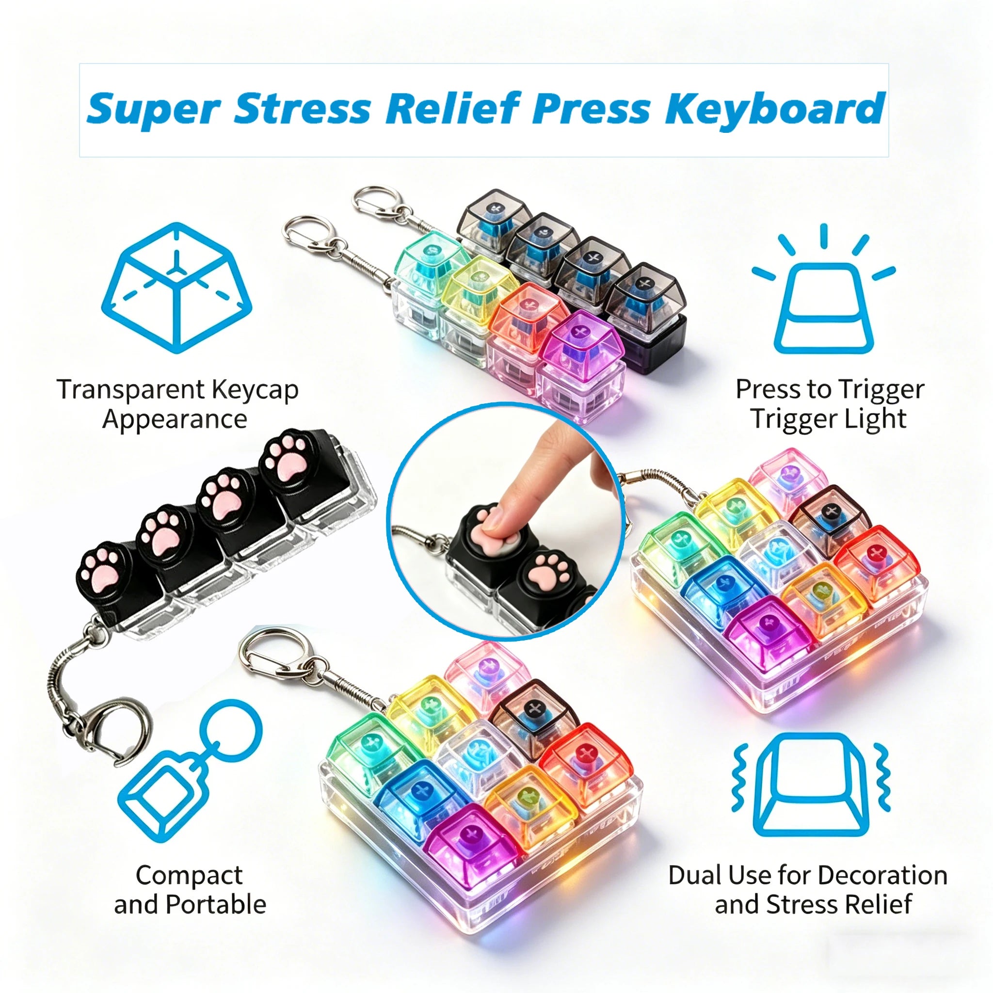 LED Light-Up Keychain Keyboard Clickable Button Fidget Toy for Stress Anxiety Relief Portable Desk Accessory Office Decor Gift
