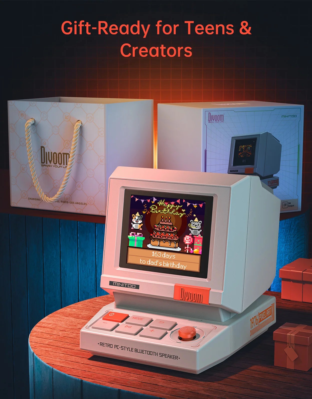Minitoo Retro Bluetooth Speaker Portable Pixel Display Music Box Retro Computer Style Speaker Gift