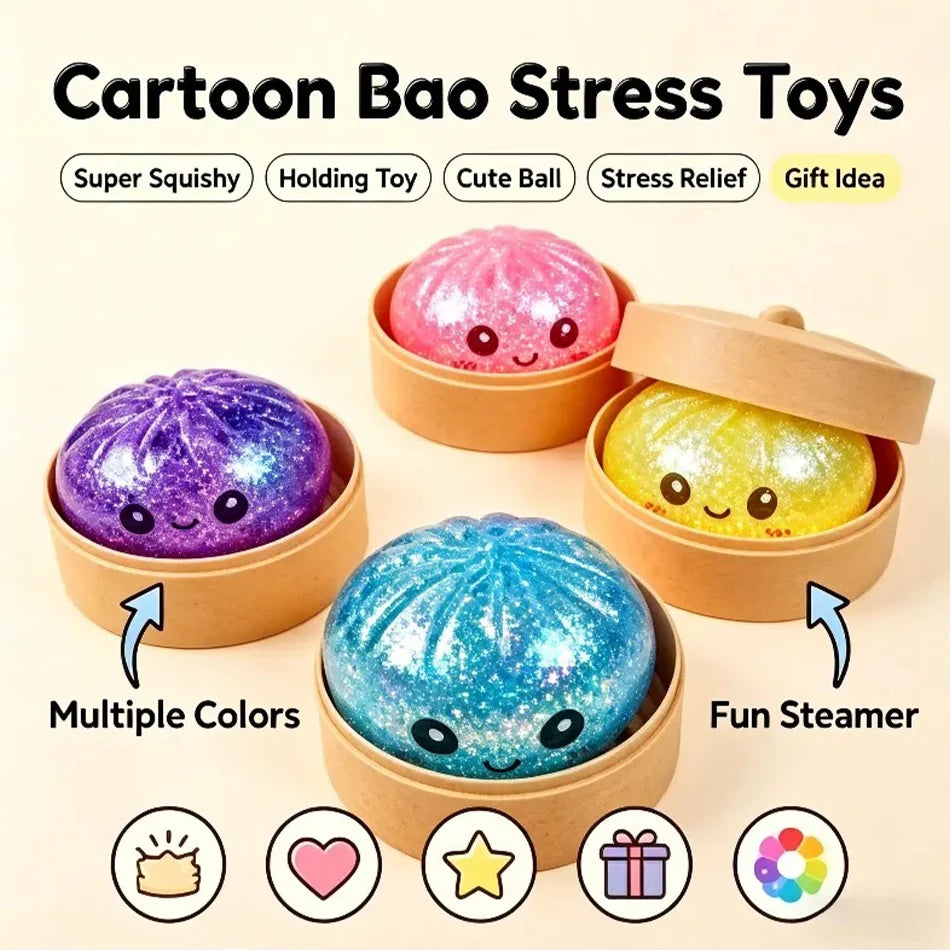 Steamed Bun Squeeze Toy Simulation Bao Stress Relief Fidget Toy with Beads Sparkles Soft Squishy Sensory Decompression Accessory