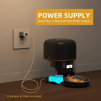 Automatic pet feeder with mains and battery power supply options