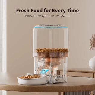 Automatic pet feeder designed to help keep dry food fresh