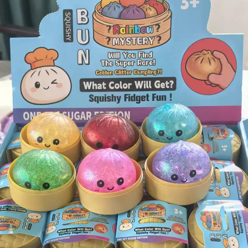 Steamed Bun Squeeze Toy Simulation Bao Stress Relief Fidget Toy with Beads Sparkles Soft Squishy Sensory Decompression Accessory