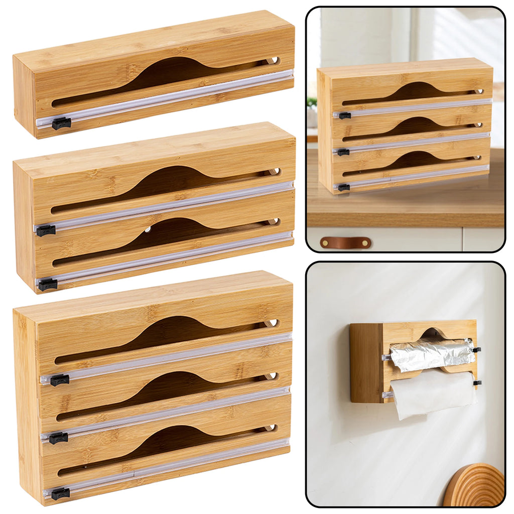 Foil Dispenser with Cutter,Wall Mounted Bamboo-Foil Cling Film Cutter,Kitchen Wrap Dispenser,Kitchen Organization