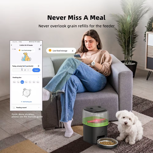 Smart automatic pet feeder with mobile app controls and low-food alert