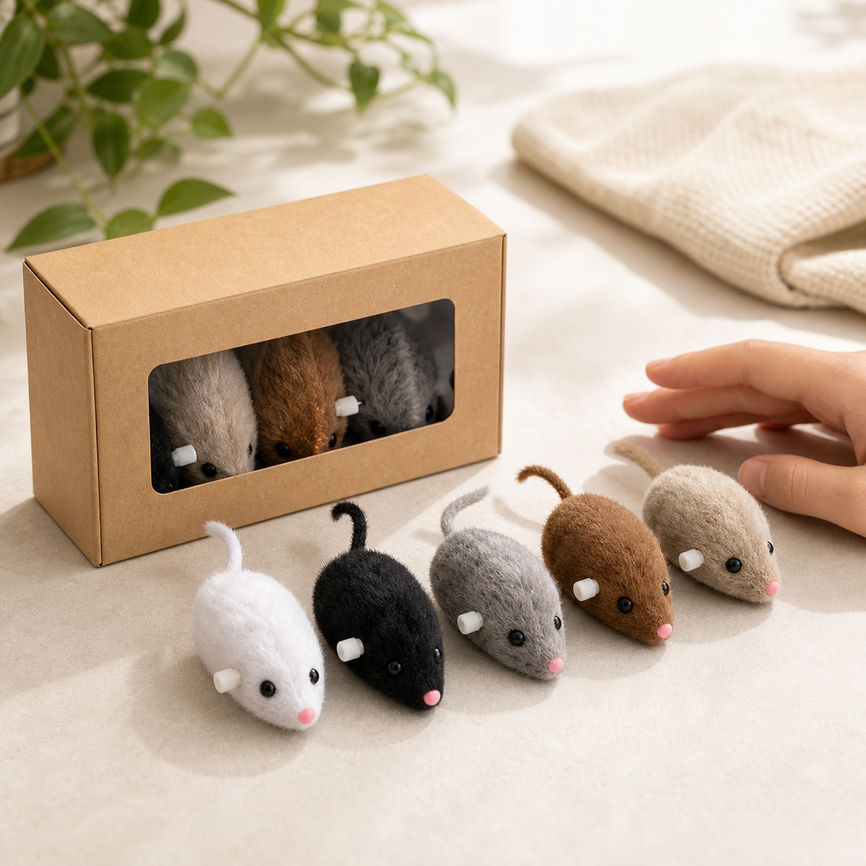 Bundle of fuzzy wind-up mouse toys with clean recyclable packaging