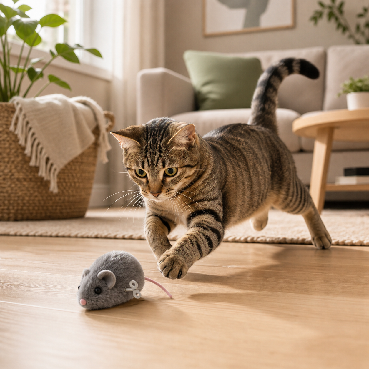 Cat chasing a fuzzy wind-up mouse toy across a bright living room floor
